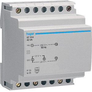 Transformateur de sécurité 40VA 230VAC - 12 - 24VAC 4 modules - Hager - ST314,Inverseur Hager