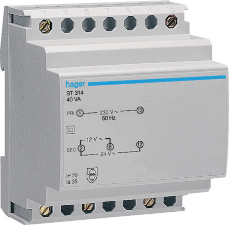 Transformateur de sécurité 40VA 230VAC - 12 - 24VAC 4 modules - Hager - ST314,Inverseur Hager