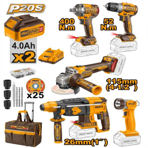 KIT 5PCS +CDLI204531+CAGLI21154+CIWLI20401+CHH LI20228+LAMPE+2BAT 4AH+CHARG+ACC - Ingco -