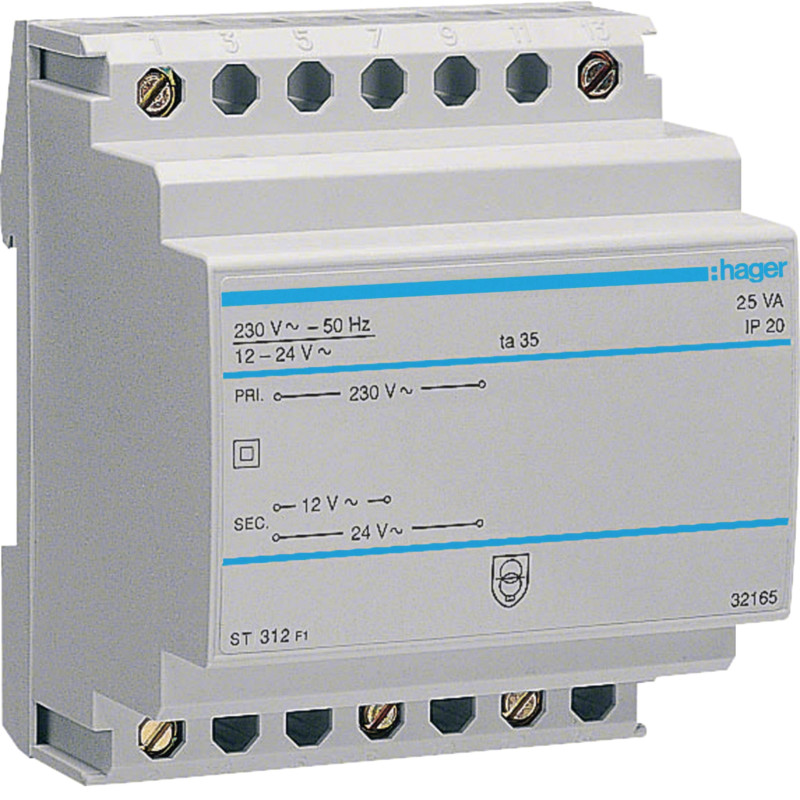 Transformateur de sécurité 25VA 230VAC - 12 - 24VAC 4 modules - Hager - ST312,Inverseur Hager