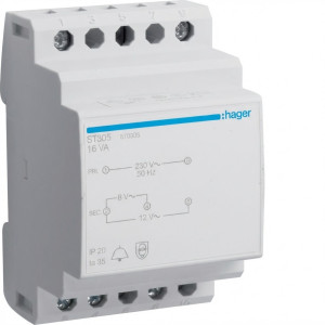 Transformateur de sonnerie 16VA 230VAC - 8 - 12VAC 3 modules - Hager - ST305,Inverseur Hager