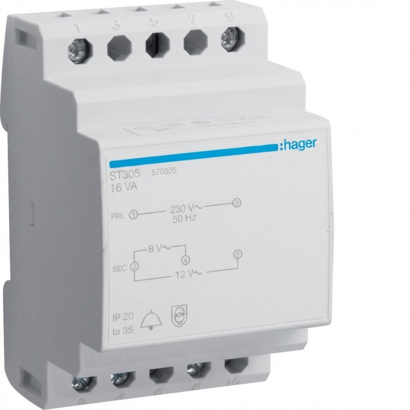 Transformateur de sonnerie 16VA 230VAC - 8 - 12VAC 3 modules - Hager - ST305,Inverseur Hager
