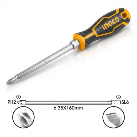 Tournevis à lame réversible 2 EN 1/6.35x160mm,PH2+SL6 - Ingco - AKISD0201,Outillage et Mesure