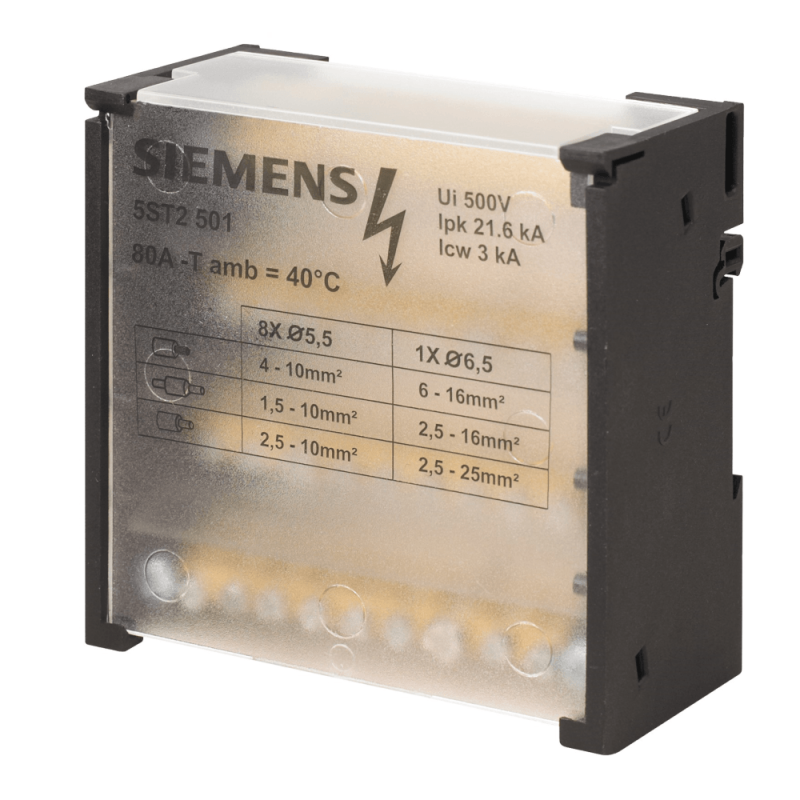 Bloc de distribution 4P, 80 A, 690 V, entrée: 1x 2,5-16 mm2, sortie: 8x 1,5-10 mm2 - SIEMENS -