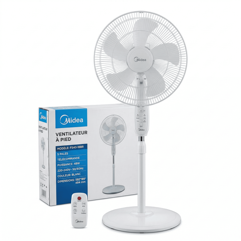Ventilateur à Pied Midea Avec Télécommande Mode Silence – Blanc – Midea - FS40-18BR,Chauffage &