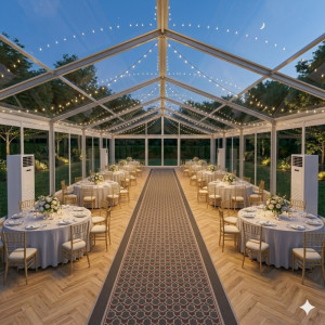 Location de Chapiteau climatisé transparent 200 m2 (10x20m ) avec parquet - Moquette