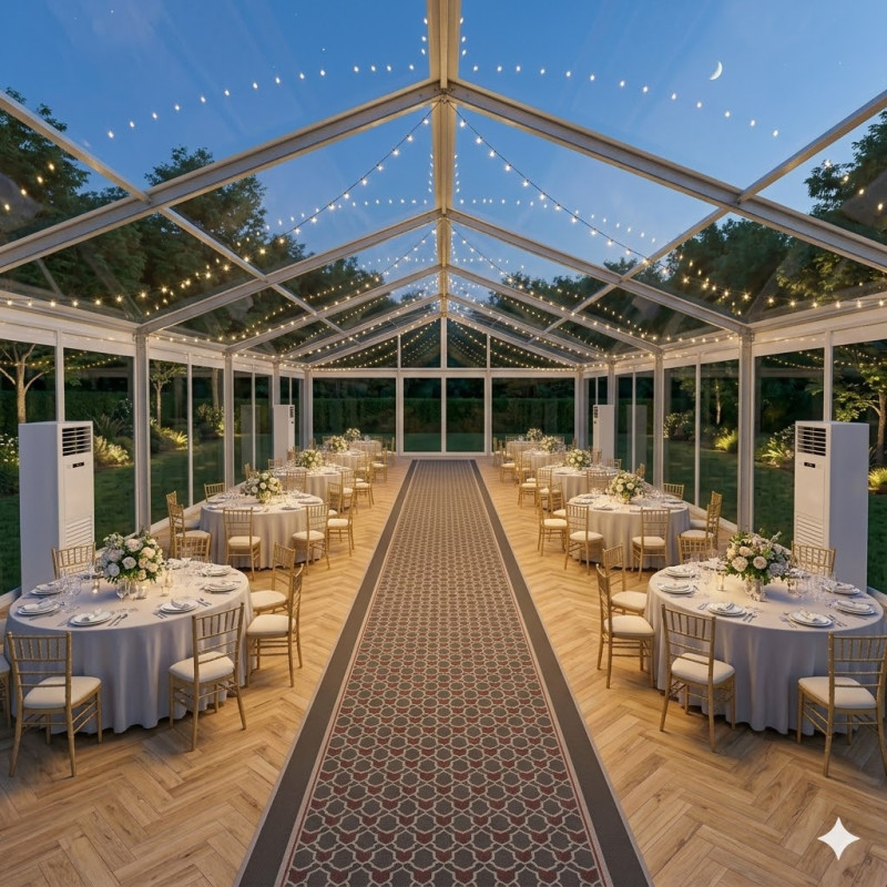Location de Chapiteau climatisé transparent 200 m2 (10x20m ) avec parquet - Moquette