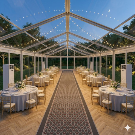 Location de Chapiteau climatisé transparent 200 m2 (10x20m ) avec parquet - Moquette
