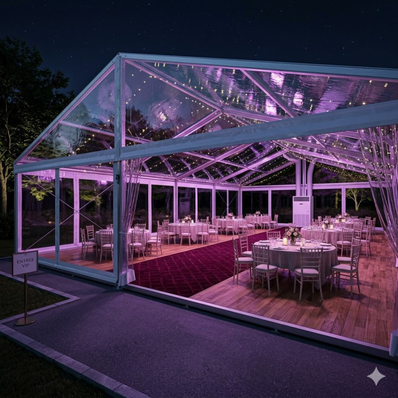 Location de Chapiteau climatisé transparent 150 m2 (10x15m ) avec parquet - Moquette