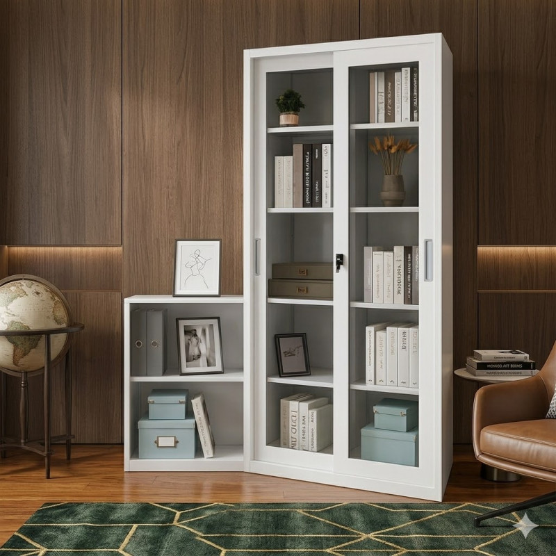 Armoire de rangement blanche à portes vitrées coulissantes et serrure