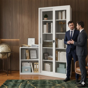 Armoire de rangement blanche à portes vitrées coulissantes et serrure