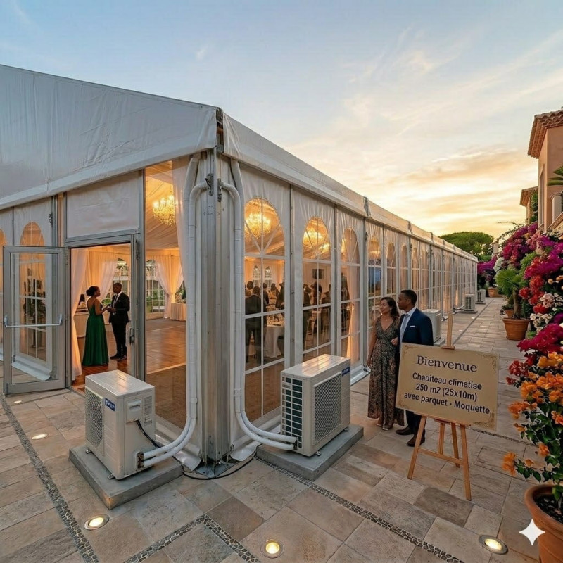 Location de Chapiteau climatisé 250 m2 (25x10m ) avec parquet - Moquette