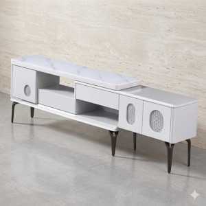 Meuble TV Moderne Blanc et Marbre – Design Contemporain avec Rangements Intégrés