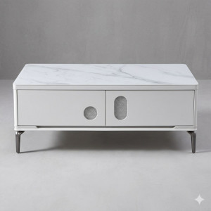 Table Basse Contemporaine Marbre Blanc avec Rangements Intégrés
