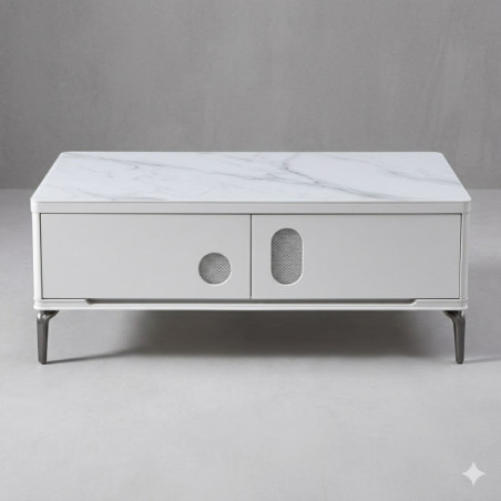 Table Basse Contemporaine Marbre Blanc avec Rangements Intégrés