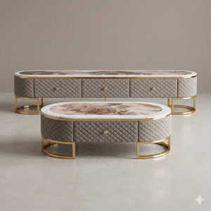 Stand TV et Table Centrale Marbre Taupe – Collection Luxe Contemporain
