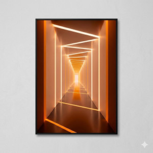 Tableau Mural d'Art Moderne – Tunnel Lumineux 3D Orange et Cuivré