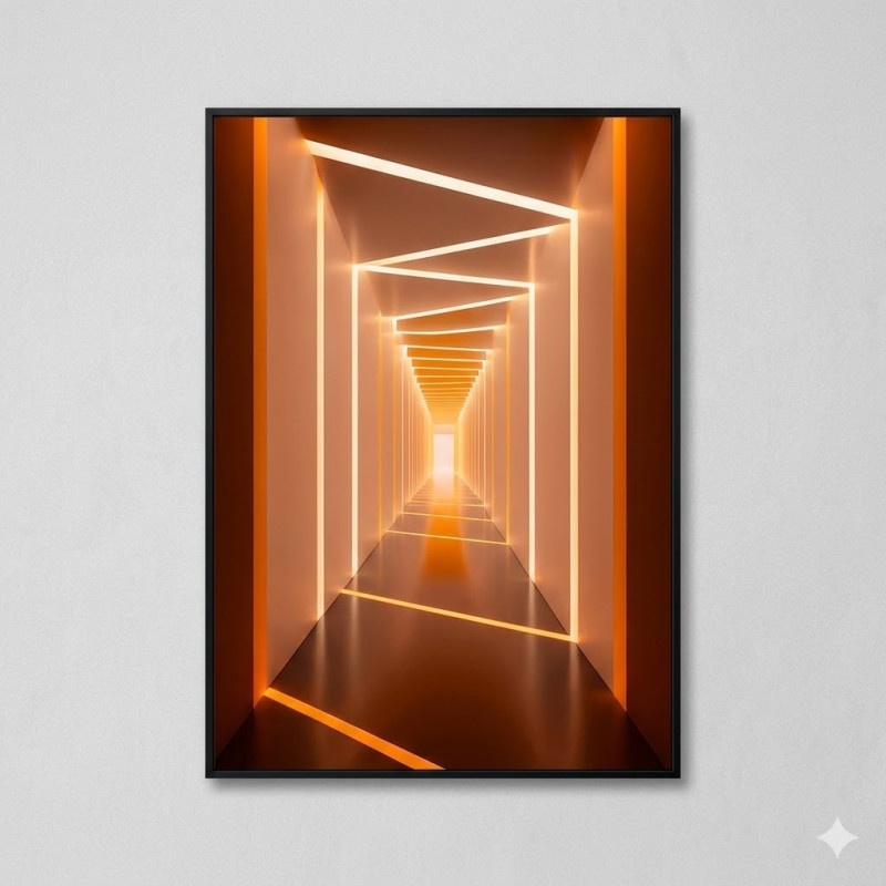 Tableau Mural d'Art Moderne – Tunnel Lumineux 3D Orange et Cuivré