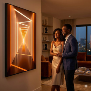 Tableau Mural d'Art Moderne – Tunnel Lumineux 3D Orange et Cuivré