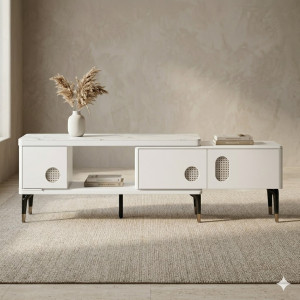 Meuble TV Moderne Blanc et Marbre – Design Contemporain avec Rangements Intégrés,Salons - Salle à