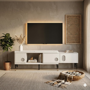 Meuble TV Moderne Blanc et Marbre – Design Contemporain avec Rangements Intégrés,Salons - Salle à