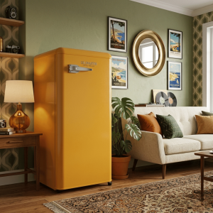 PETIT FRIGO RETRO 100LT-100LITRES (76LT NET) - 1 PORTE JAUNE R600A ECONOMIE D'ENERGIE - NASCO