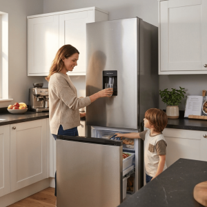 FRIGO COMBINE 252LT-252LITRES - 2 TIROIRS+1CASIER SILVER AVEC DISTRIB D'EAU 2UTEUR 20-240V - NASCO