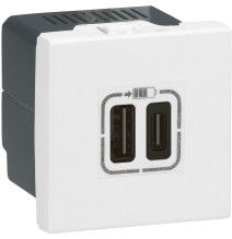 Prise USB Type-A + USB Type-C 3A 5V 15W 2 modules 230V - blanc