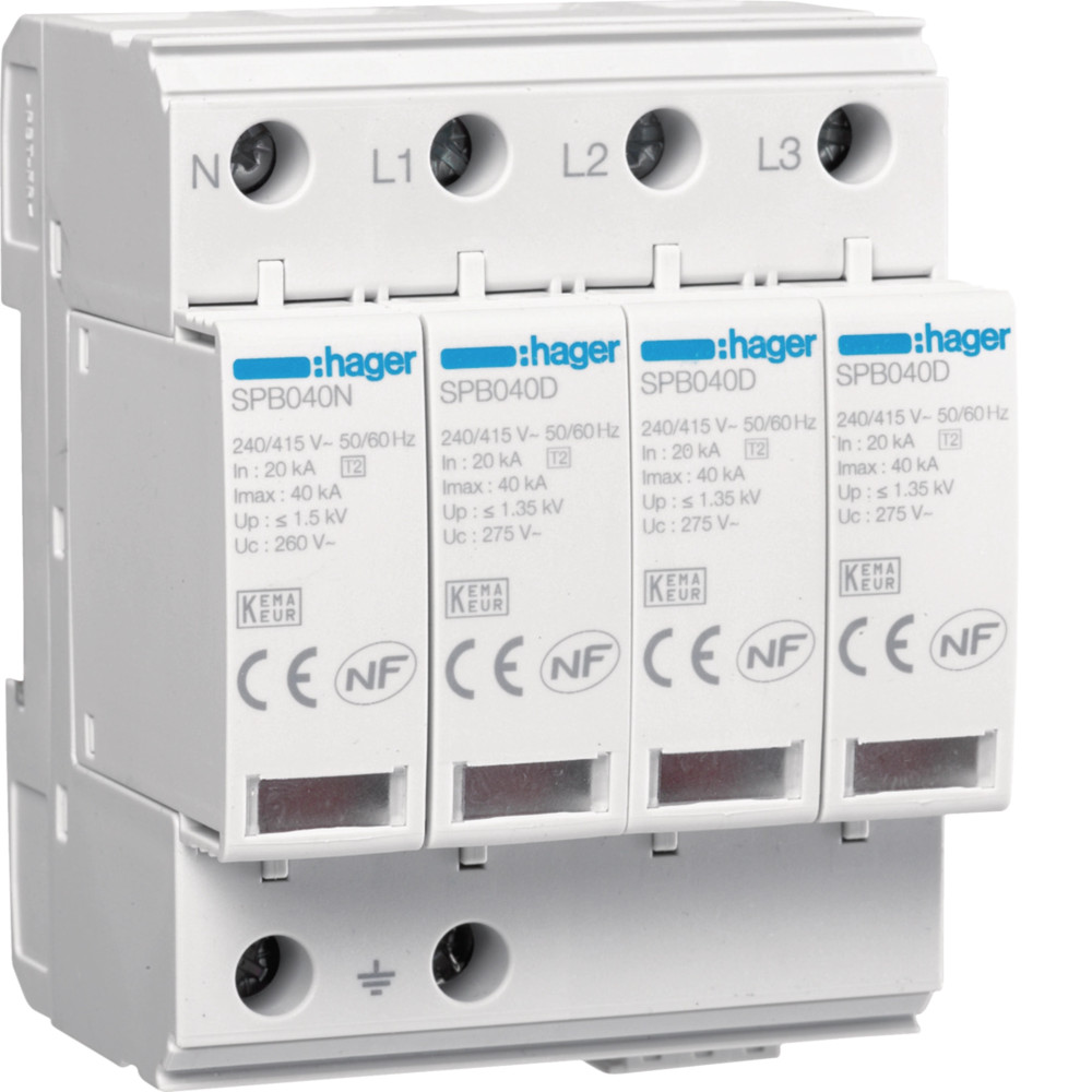 Parafoudre de type 2 Imax 40kA 4P 4modules avec auxiliaire de Parafoudre de type 2 Imax 40kA 4P 4modules avec auxiliaire de