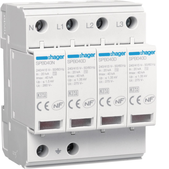 Parafoudre 4P T2 TNS/TT Uc 275V In 20kA Imax 40kA - Hager -