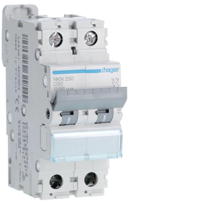 Disjoncteur 50A 2P 10-15kA Courbe C 2modules - Hager - NKN250