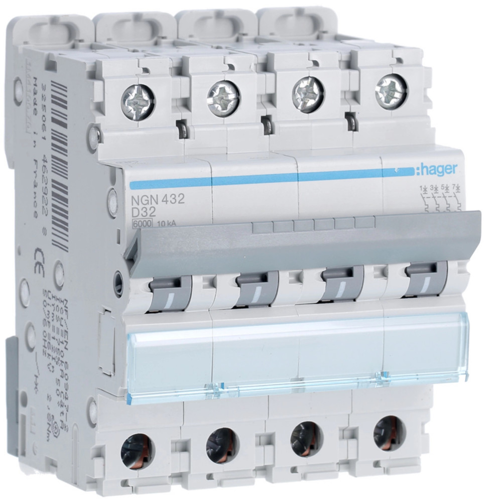 Disjoncteur 32A 4P 6-10kA Courbe D 4modules - Hager - NGN432,Disjoncteur - Disjoncteur Différentiel
