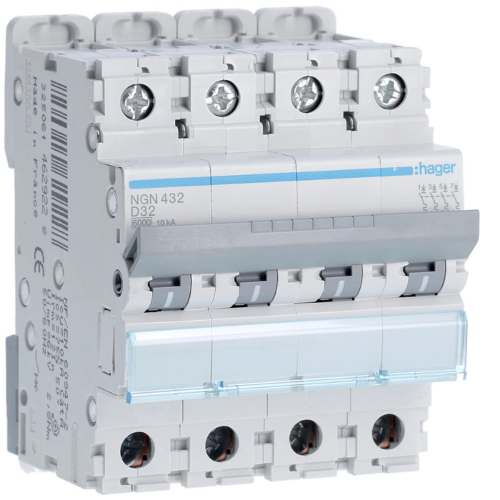 Disjoncteur 32A 4P 6-10kA Courbe D 4modules - Hager - NGN432,Disjoncteur - Disjoncteur Différentiel