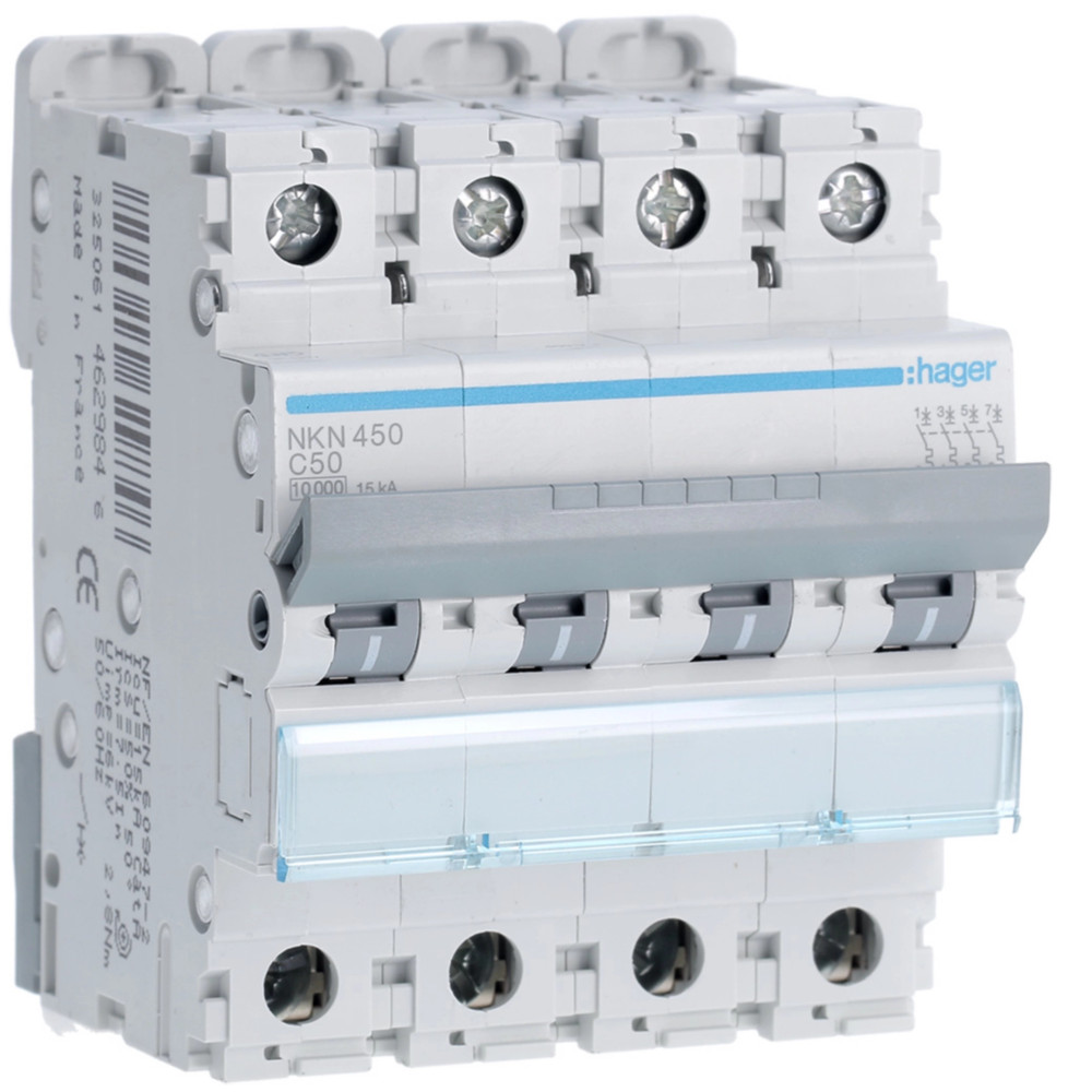Disjoncteur 50A 4P 10-15kA Courbe C 4modules - Hager - NKN450,Disjoncteur Hager