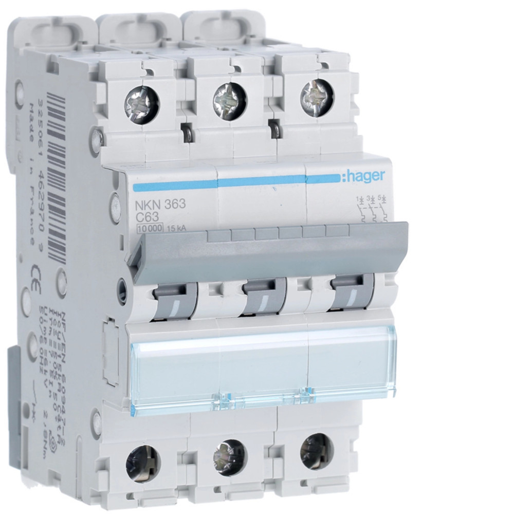Disjoncteur 50A 3P 10-15kA Courbe C 3modules - Hager - NKN350,Disjoncteur Hager