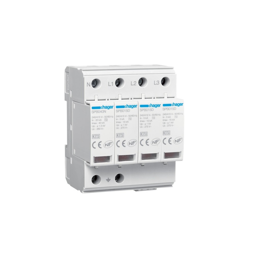 Parafoudre 4P T2 TNS/TT Uc 275V In 5kA Imax 15kA télé signalisation - Hager - SPB415R,Parafoudre