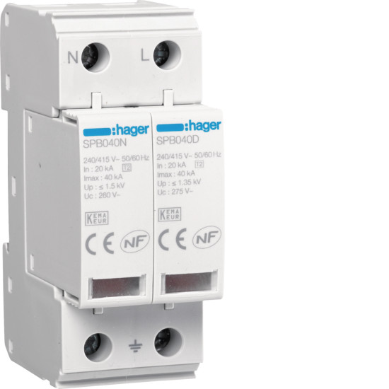 Parafoudre 2P T2 TNS/TT Uc 275V In 20kA Imax 40kA - Hager - SPB240D,Parafoudre