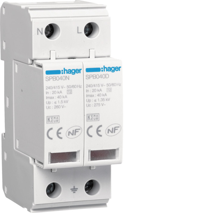Parafoudre 2P T2 TNS/TT Uc 275V In 20kA Imax 40kA - Hager - SPB240D,Parafoudre