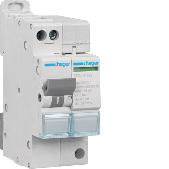 Parafoudre 2P auto-protégé débrochable 15KA type 2 avec voyant de fin de vie - Hager -