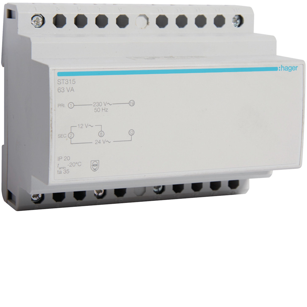 Transformateur sécurité 63VA 230V-12 à 24V - Hager - ST315,Inverseur Hager
