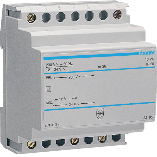Transformateur sécurité 16VA 230V-12 à 24V - Hager - ST313,Inverseur Hager