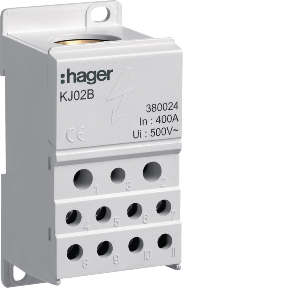 Bloc de répartition 400A, unipolaire, 2x 6-25²/5x 1,5-16²/4x 1,5-10² - Hager - KJ02B,Prise &