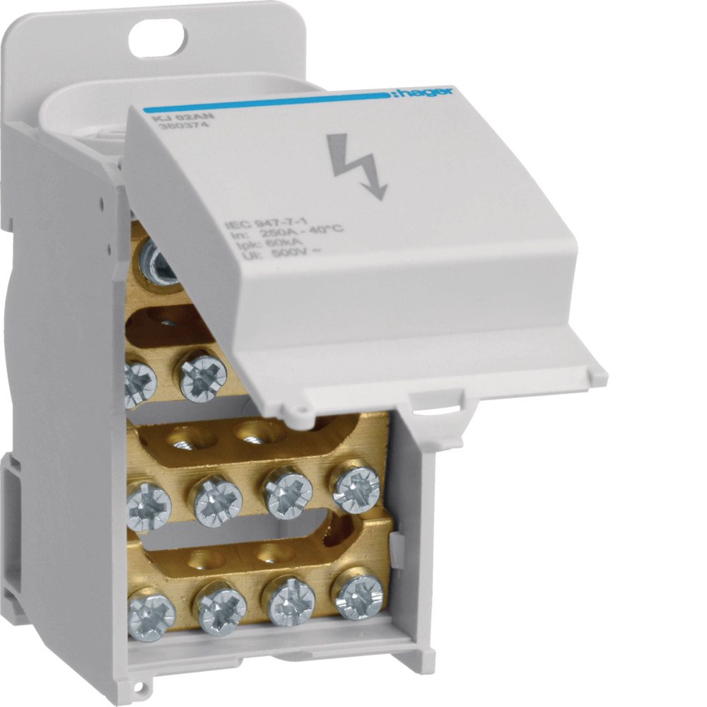 Bloc de répartition 250A, unipolaire, 1x25-95²/1x1,5-35²/4x1,5-10²/8x1,5-16² - Hager - KJ02AN,Prise