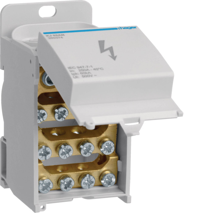 Bloc de répartition 250A, unipolaire, 1x25-95²/1x1,5-35²/4x1,5-10²/8x1,5-16² - Hager - KJ02AN,Prise
