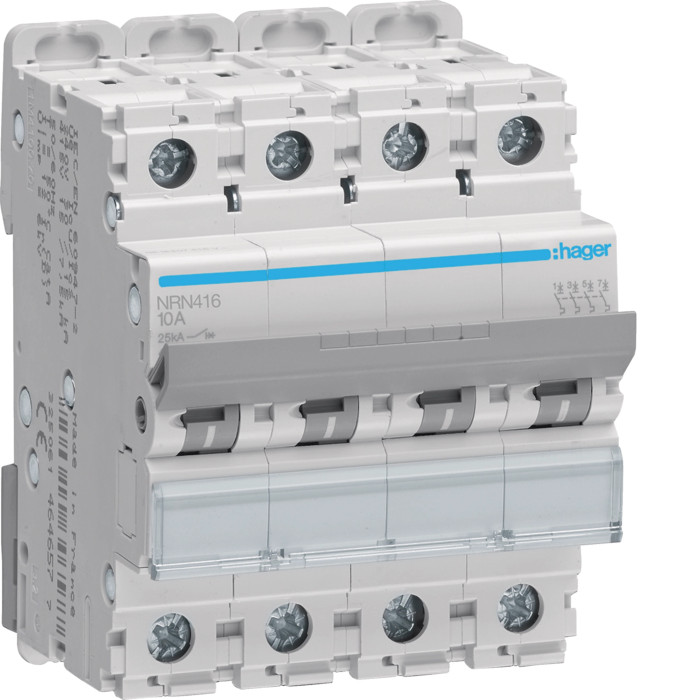 Disjoncteur 16A 4P 25kA Courbe C 4modules - Hager - NRN416,Disjoncteur Hager