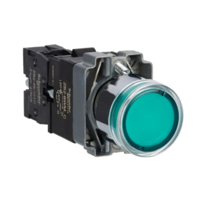 Bouton-poussoir lumineux complet, métal, encastré, vert, 22 mm, 1 NO Easy Harmony XB2 Schneider