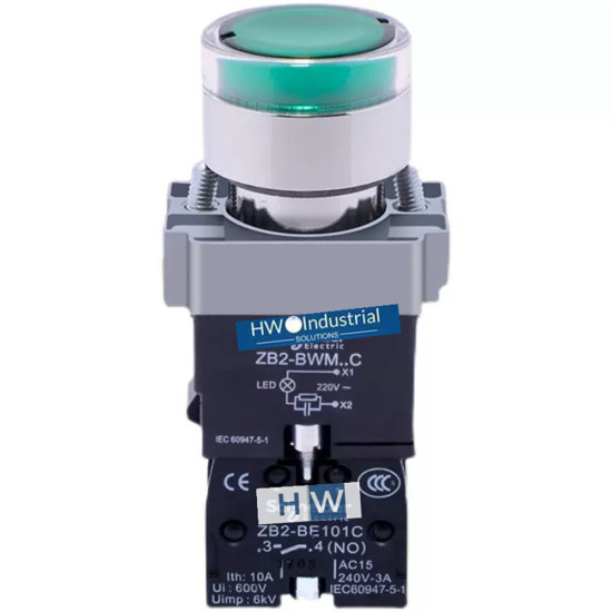 Bouton-poussoir lumineux complet, métal, encastré, vert, 22 mm, 1 NO Easy Harmony XB2 Schneider