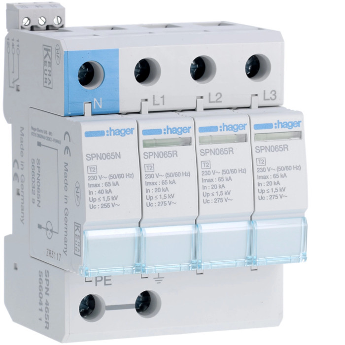 Parafoudre 4P débrochable 40KA type 2 avec voyant fin de vie - Hager - SPN440D,Parafoudre