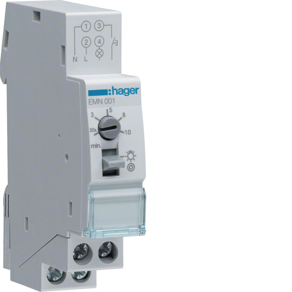 Minuterie simple temporisation - Hager - EMN001,Bouton poussoir, interrupteur et voyant lumineux