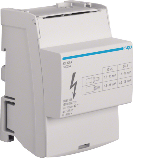 Répartiteur 100A, tétrapolaire, 2x 2,5-25² / 5x 1,5-16² par phase - Hager - KJ100A,Disjoncteur